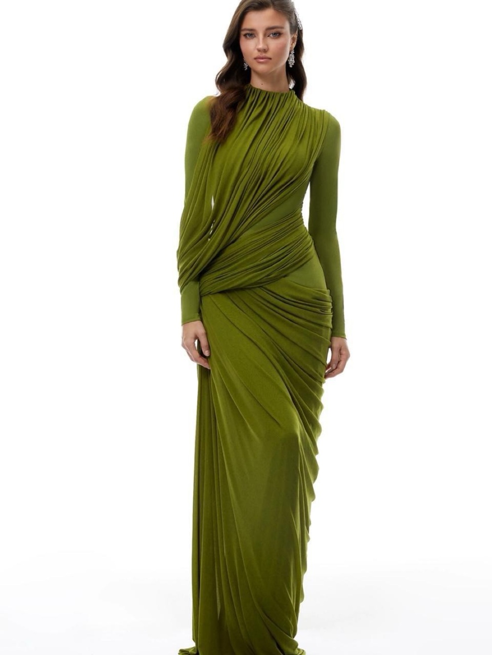 NWT Miss Rosier Arlette Green Asymmetrical Ruched Maxi Dress